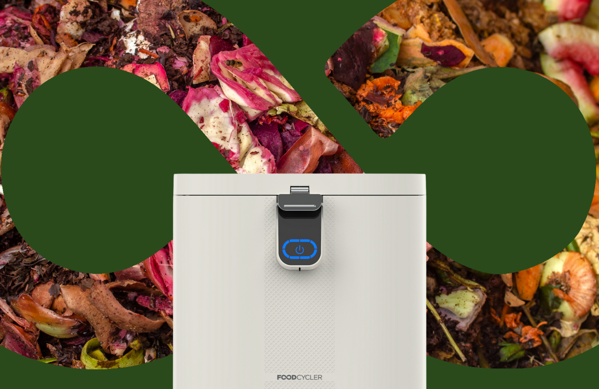 A white FoodCycler Eco 5 unit centered against a dark green background. Circular cutouts in the background reveal colorful raw food scraps, such as radicchio and onion skins.