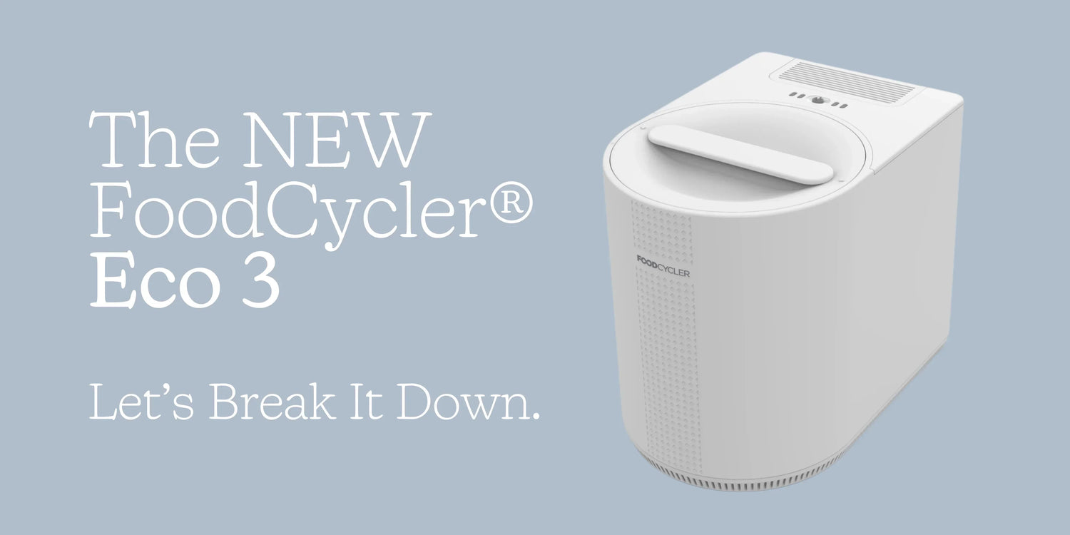 A promotional image for the white FoodCycler Eco 3 kitchen appliance on a light blue background. The text reads: "The NEW FoodCycler Eco 3: Let's Break It Down."