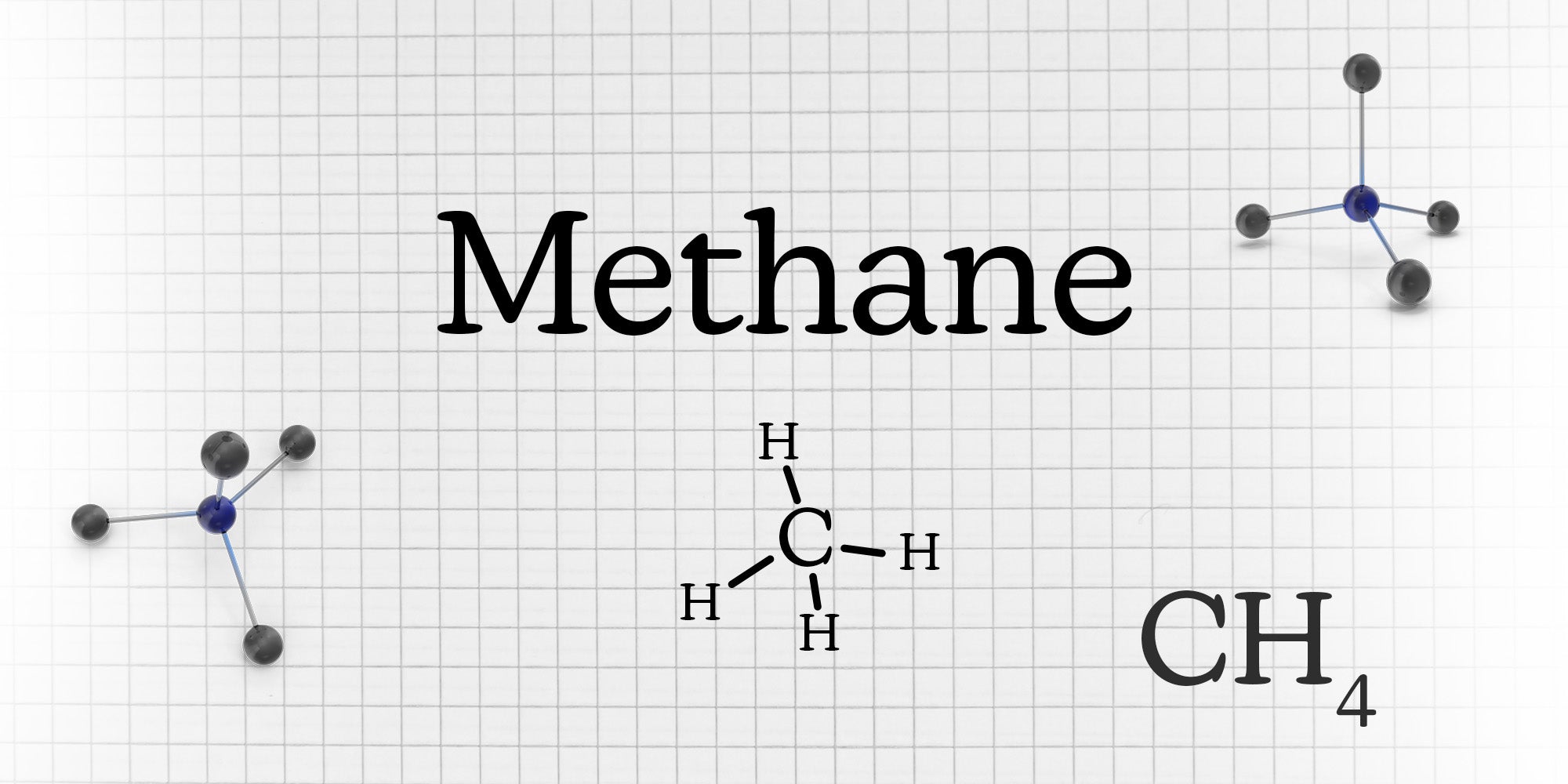 An educational graphic on a grid background showing four representations of methane: the word "Methane," two 3D ball-and-stick molecular models, a structural chemical diagram, and the chemical formula $CH_4$.