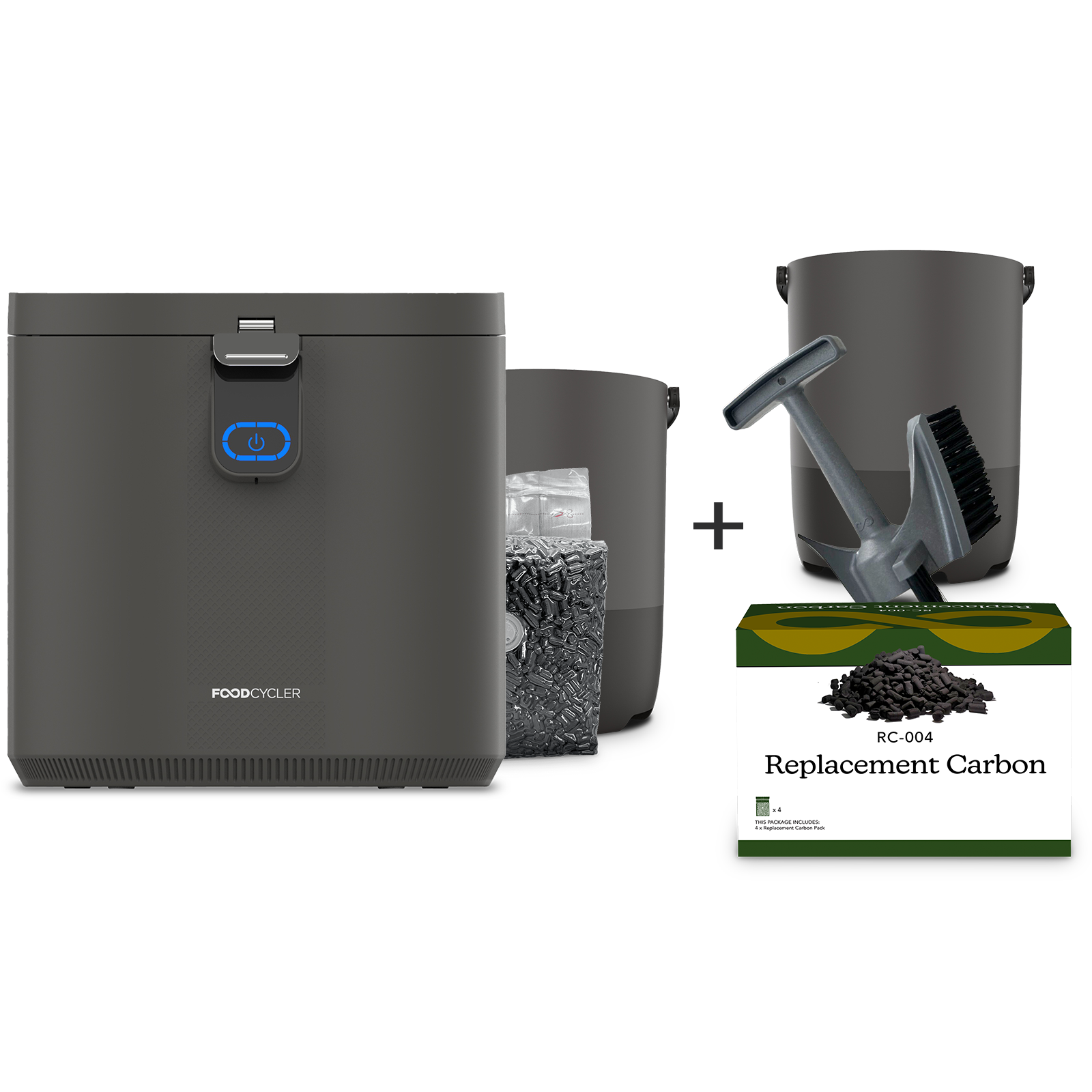 Grey FoodCycler Eco 5, carbon refill packet, Eco 5 bucket + an extra Eco 5 bucket & Infinity Brush + 4-pack carbon refill