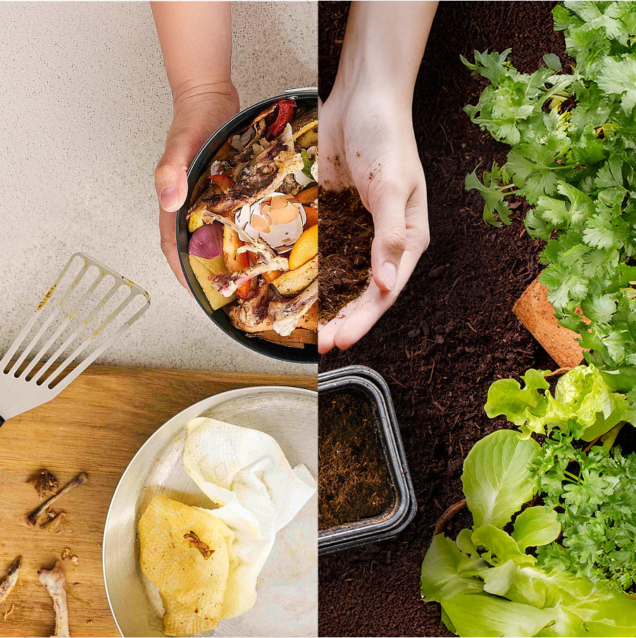Left side of image shows a FoodCycler bucket full of food scraps. Right side shows a hand holding a handful of soil over a garden bed.