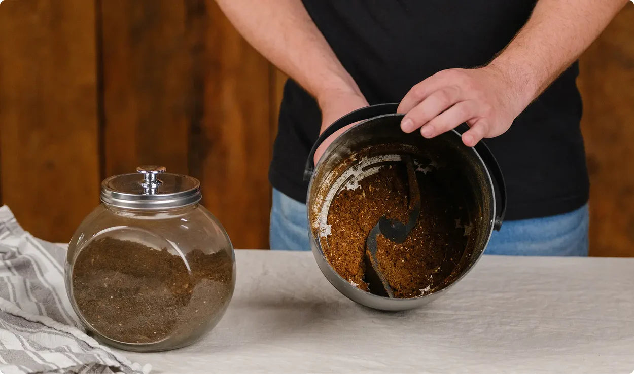 Person showing the inside of the FoodCycler bucket, which contains dry foodilizer. Next to it is a jar of foodilizer.