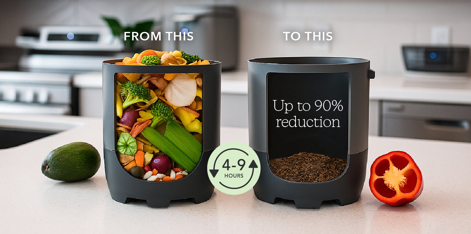 From a full bucket of food scraps to an up to 90% reduction of by-product that can be used as a soil amendment in 4-9 hours