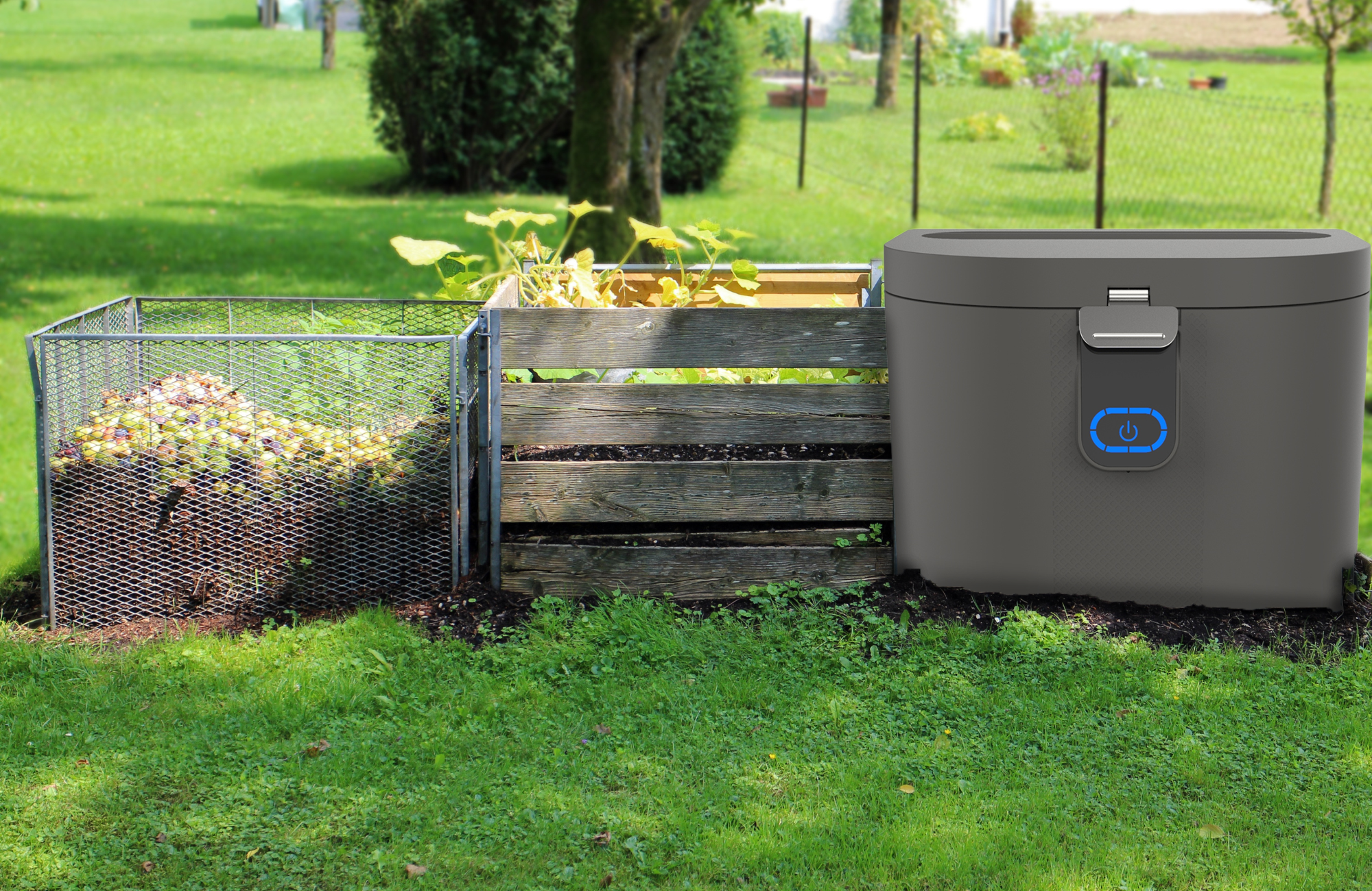 A side-by-side comparison in a backyard setting showing a traditional metal mesh compost bin and a wooden slat bin on the left, and a sleek, large charcoal-gray FoodCycler Eco 5 unit on the right.