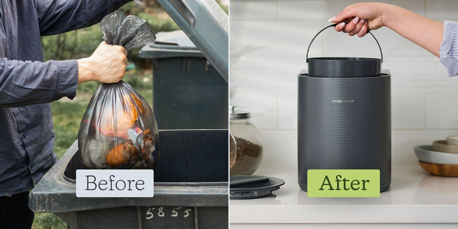 Side-by-side comparison. Left, labeled 'Before': a person tossing a full plastic bag of garbage into a large outdoor trash bin. Right, labeled 'After': a person lifting the compact inner bucket of a FoodCycler appliance on a clean kitchen counter.
