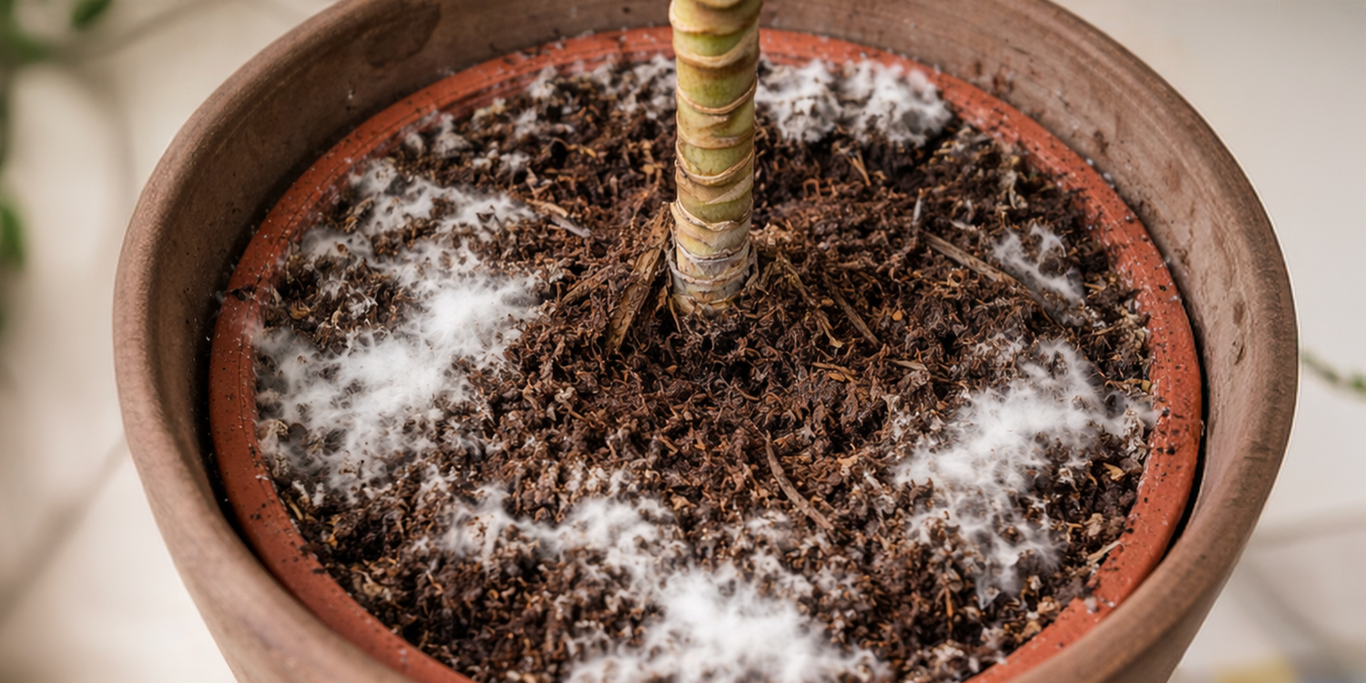 A top-down view of a potted houseplant showing a thick layer of white, fuzzy mold growing across the surface of the dark brown potting soil. The mold is concentrated in patches around the base of the plant's light green stem.