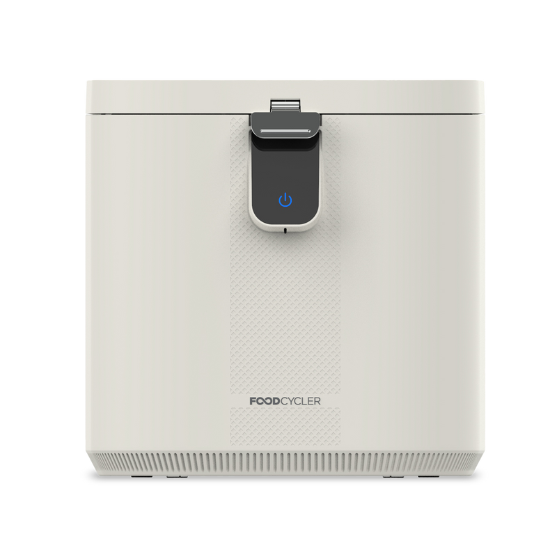White FoodCycler Eco 5 front view with its lid closed and a dark front power-button panel