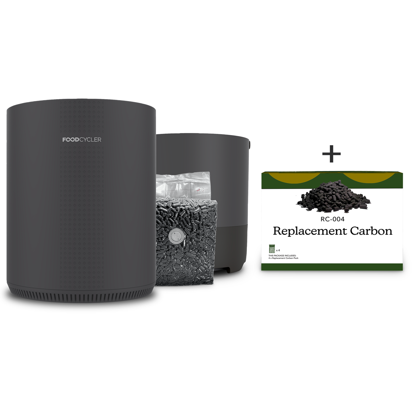 Grey FoodCycler Eco 3, one carbon refill packet, an Eco 3 bucket + a 4-pack of Carbon Refill.