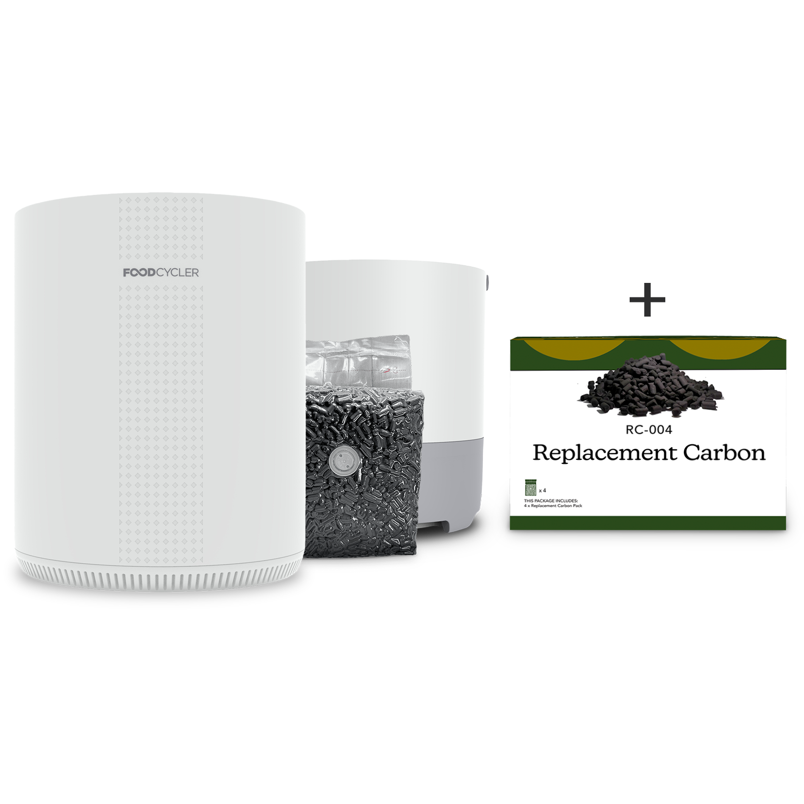 Pure White FoodCycler Eco 3, one carbon refill packet, an Eco 3 bucket + a 4-pack of Carbon Refill.