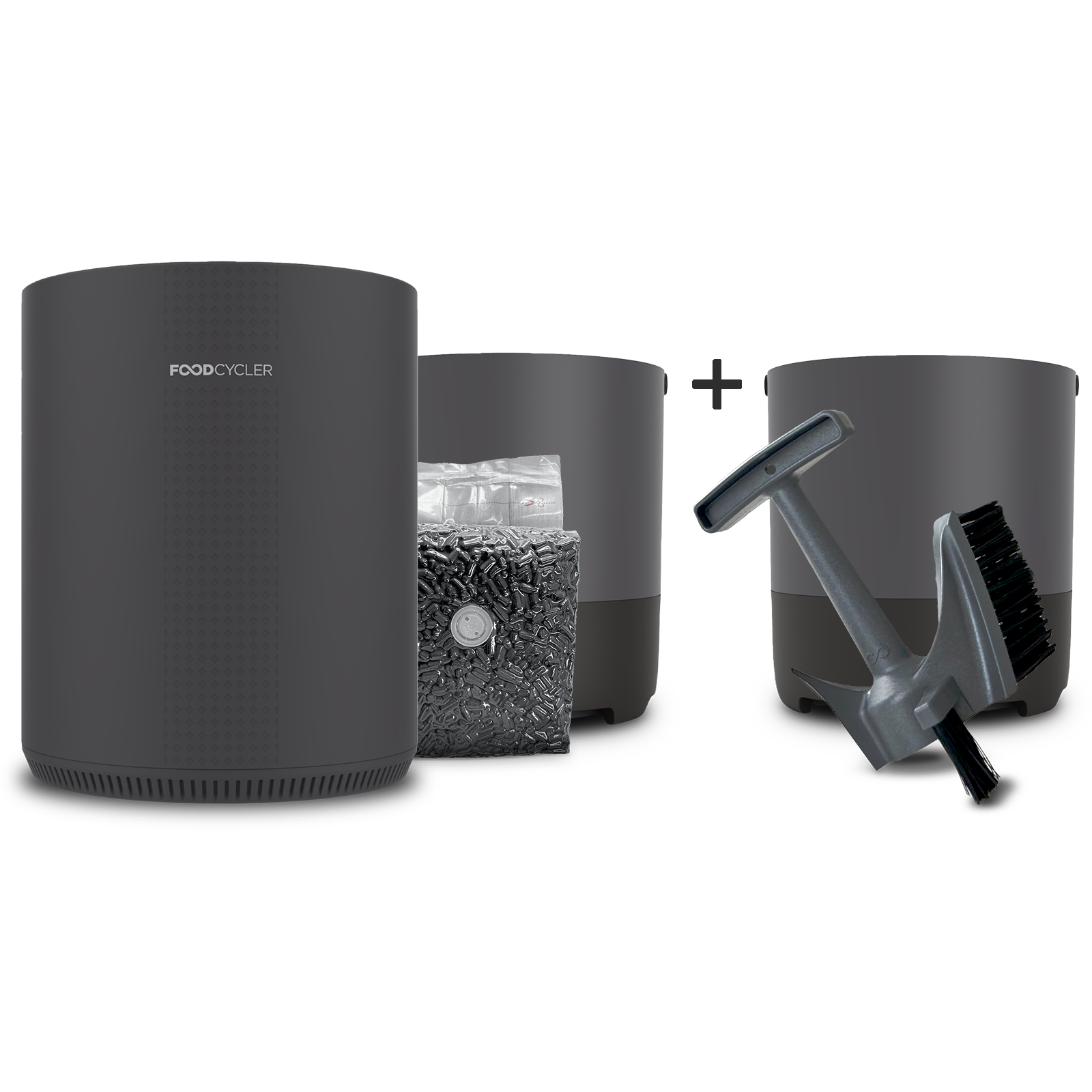 The Grey FoodCycler Eco 3, carbon refill pack, and bucket + an extra bucket & Infinity Brush