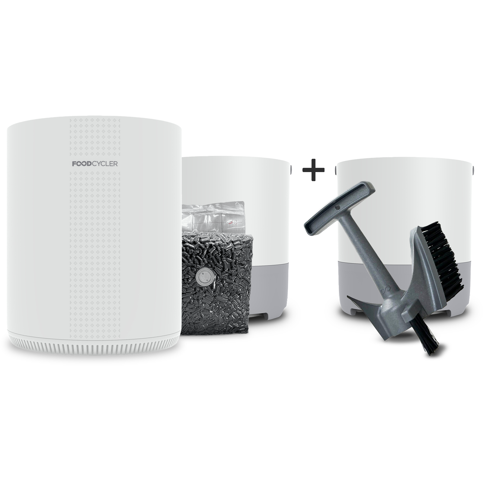The Pure White FoodCycler Eco 3, carbon refill pack, and bucket + an extra bucket & Infinity Brush