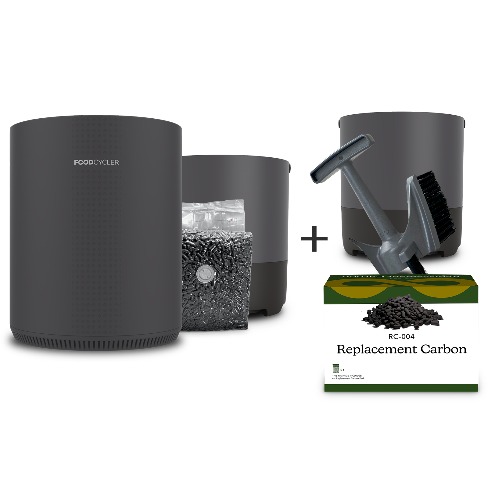 Grey FoodCycler Eco 3, single pack of carbon, Eco 3 bucket + a extra Eco 3 bucket and new Infinity Brush + 4-pack of carbon refills