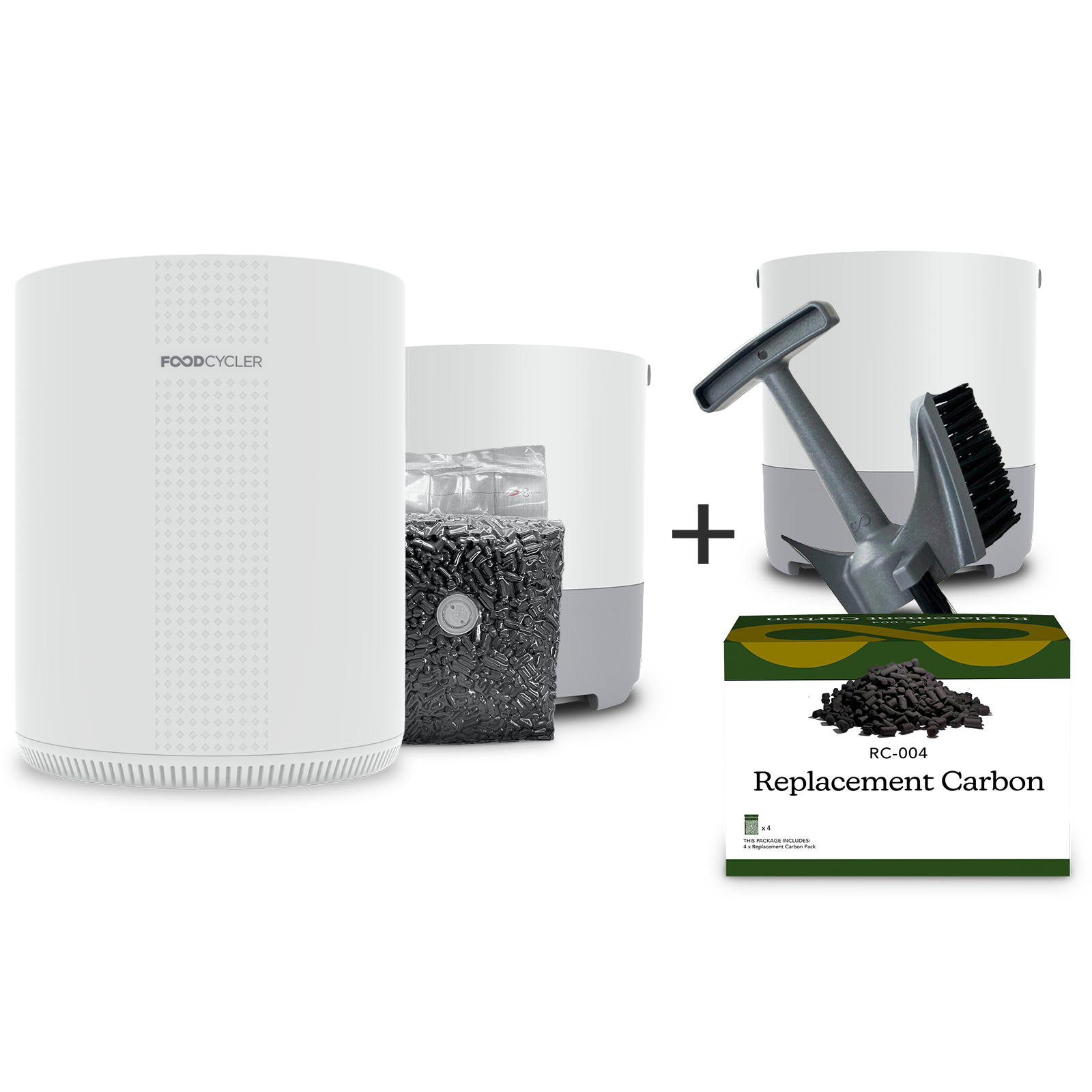Pure White FoodCycler Eco 3, single pack of carbon, Eco 3 bucket + a extra Eco 3 bucket and new Infinity Brush + 4-pack of carbon refills