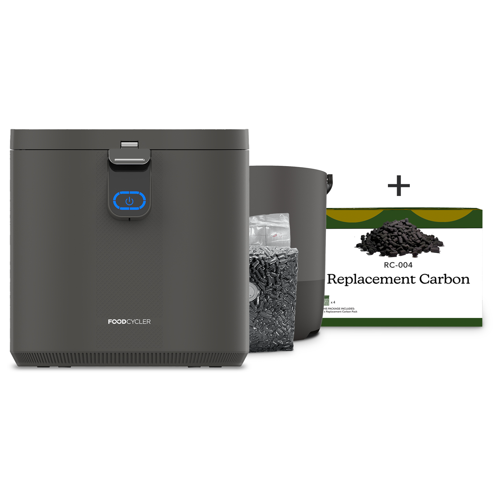 Grey FoodCycler Eco 5, one carbon refill packet, an Eco 5 bucket + a 4-pack of Carbon Refill.