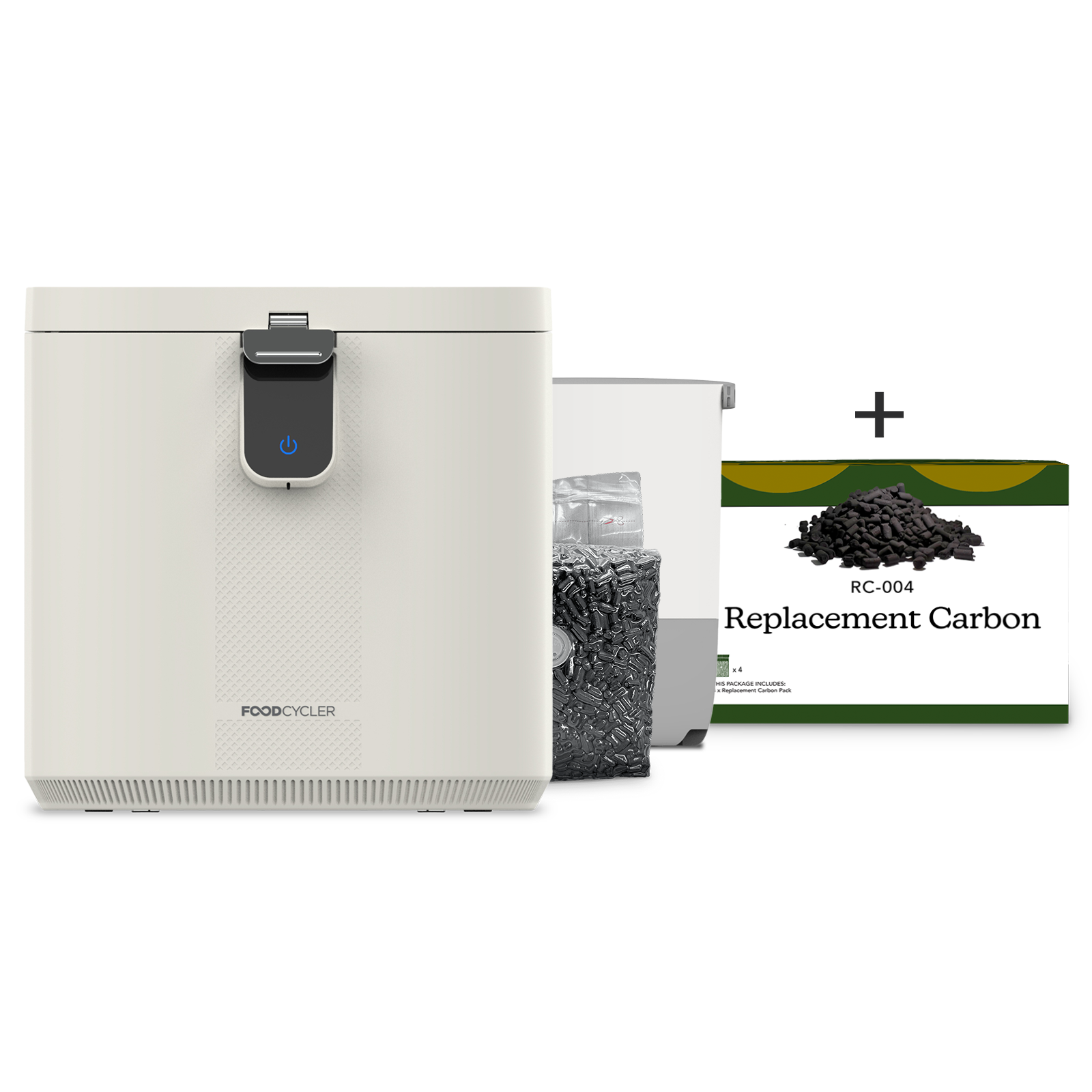 White FoodCycler Eco 5, one carbon refill packet, an Eco 5 bucket + a 4-pack of Carbon Refill.