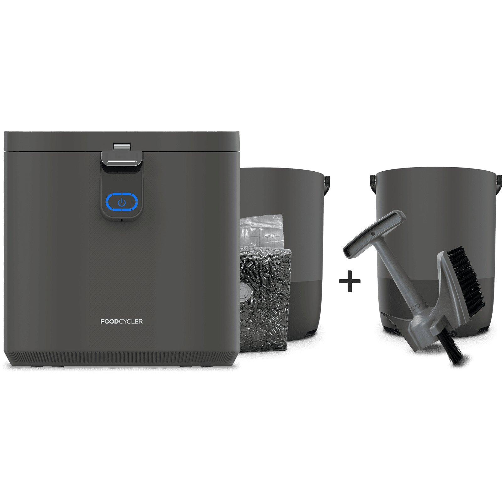 The Grey FoodCycler Eco 5, carbon refill pack, and bucket + an extra bucket & Infinity Brush
