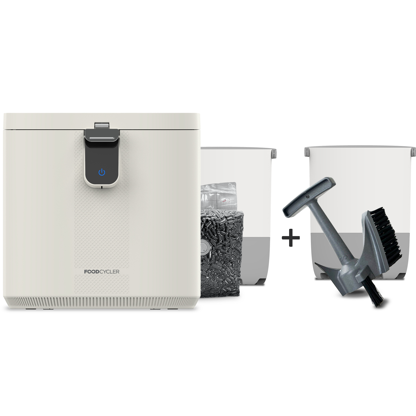 The White FoodCycler Eco 5, carbon refill pack, and bucket + an extra bucket & Infinity Brush