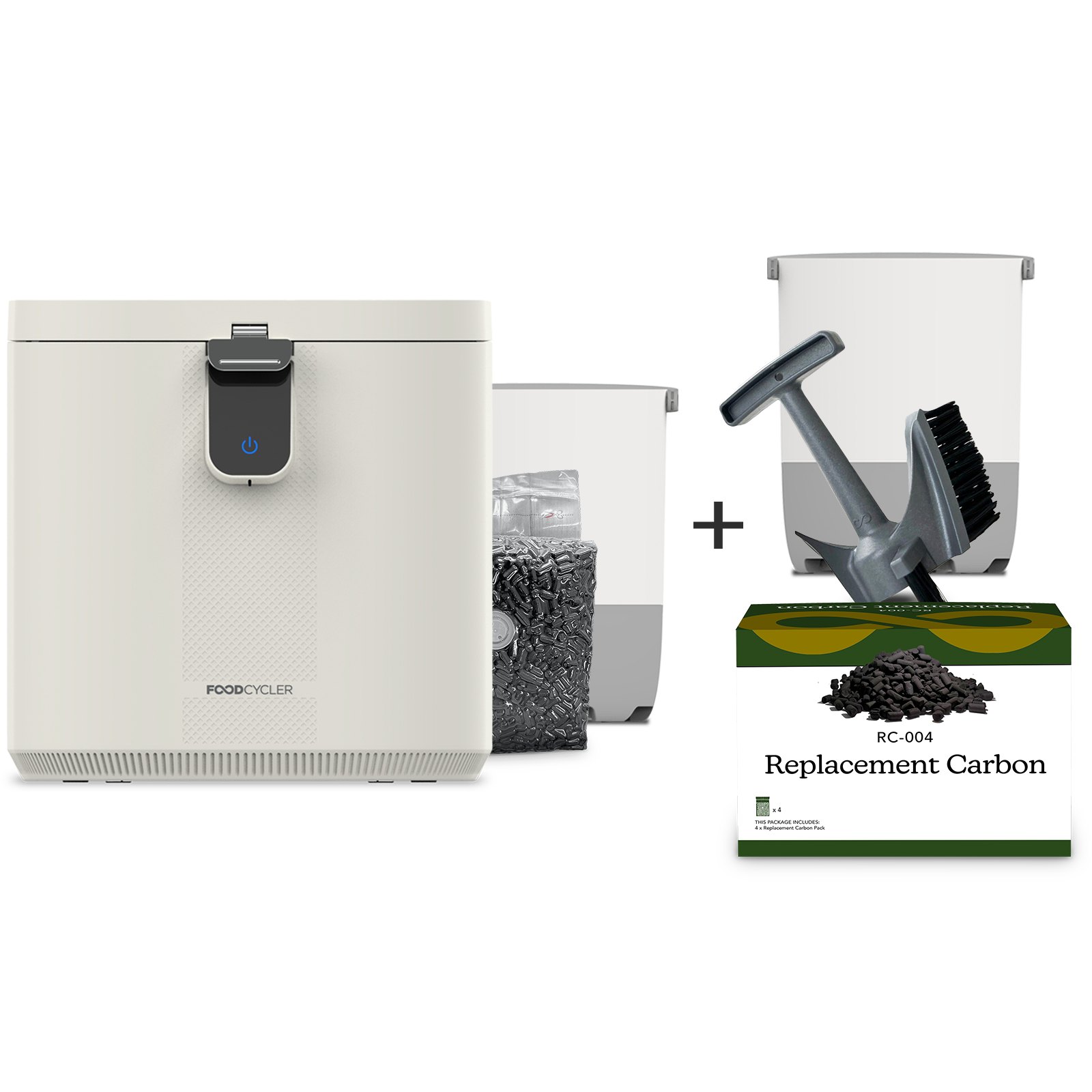 White FoodCycler Eco 5, carbon refill packet, Eco 5 bucket + an extra Eco 5 bucket & Infinity Brush + 4-pack carbon refill
