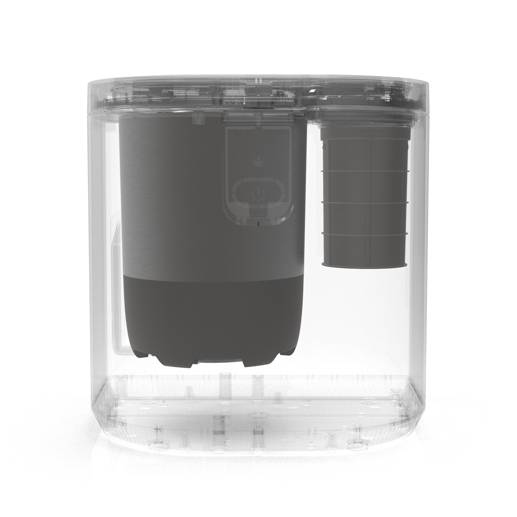 Transparent render of the Eco 5 showing the bucket and filter in the machine.