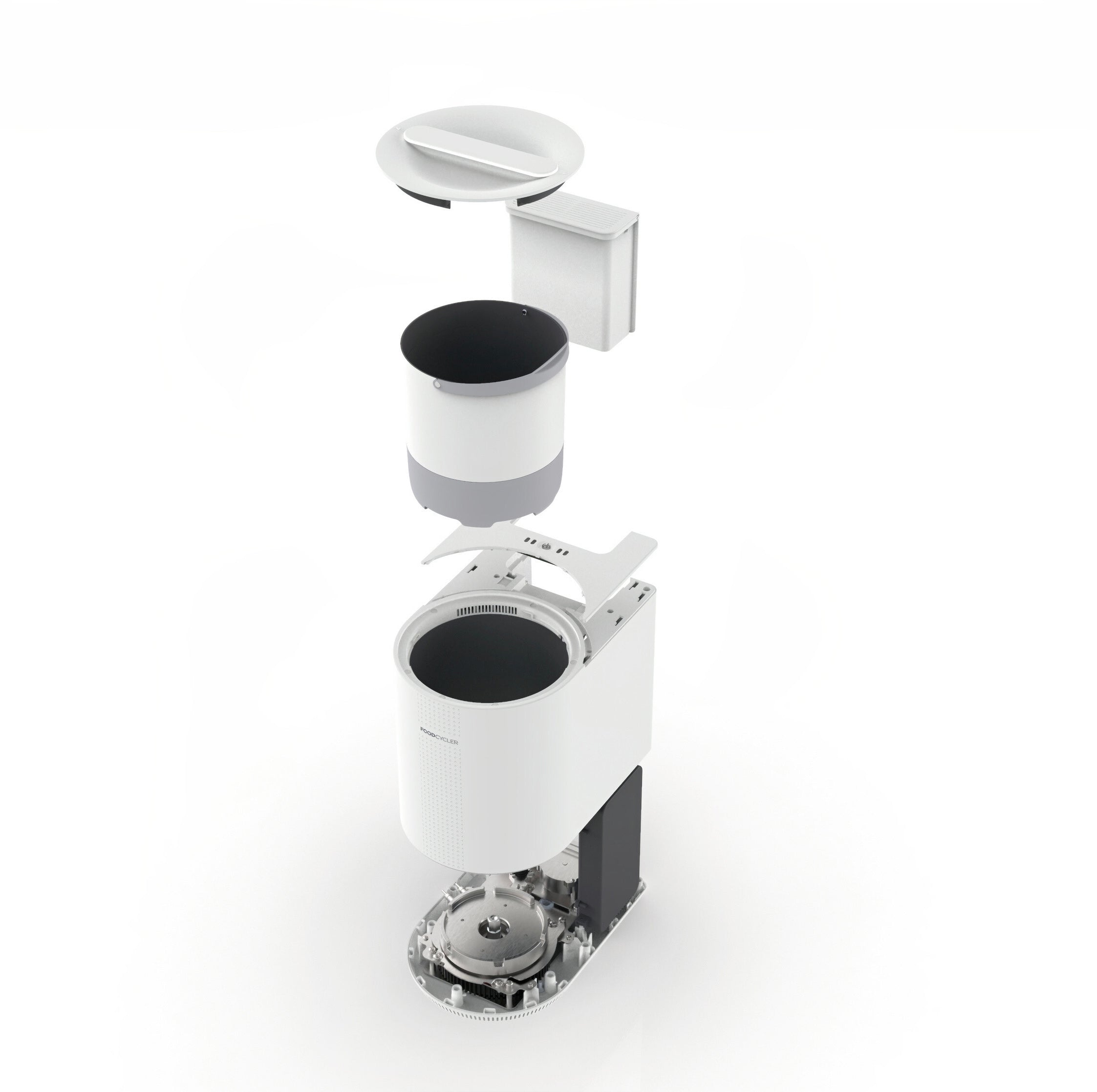 Render of a white FoodCycler Eco 3 expanded/taken apart to show the different pieces of the Eco 3; including base, shell, buttons, bucket, filter, and lid.