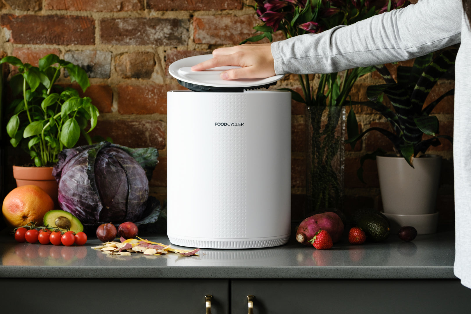 White FoodCycler Eco 3 on a kitchen counter with a person putting on the lid.