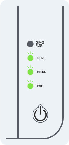 FC-30/50 control panel diagram showing the Change Filter, Cooling, Grinding, Drying, and Power indicators