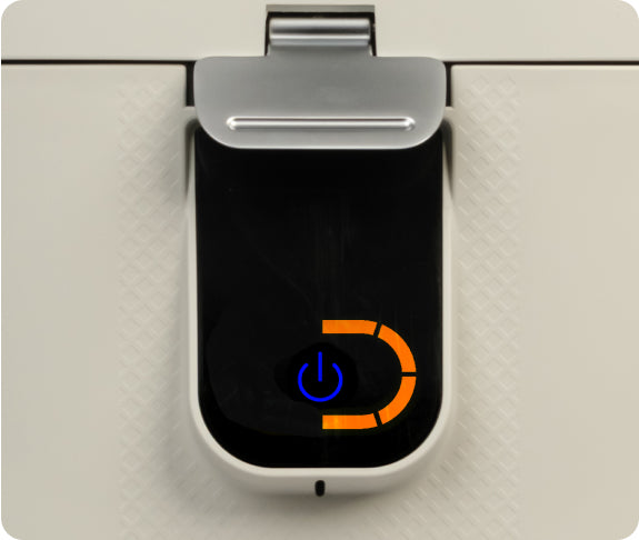 Eco 5 control panel showing the abnormal air temperature indicator — blue power icon surrounded by an orange warning arc