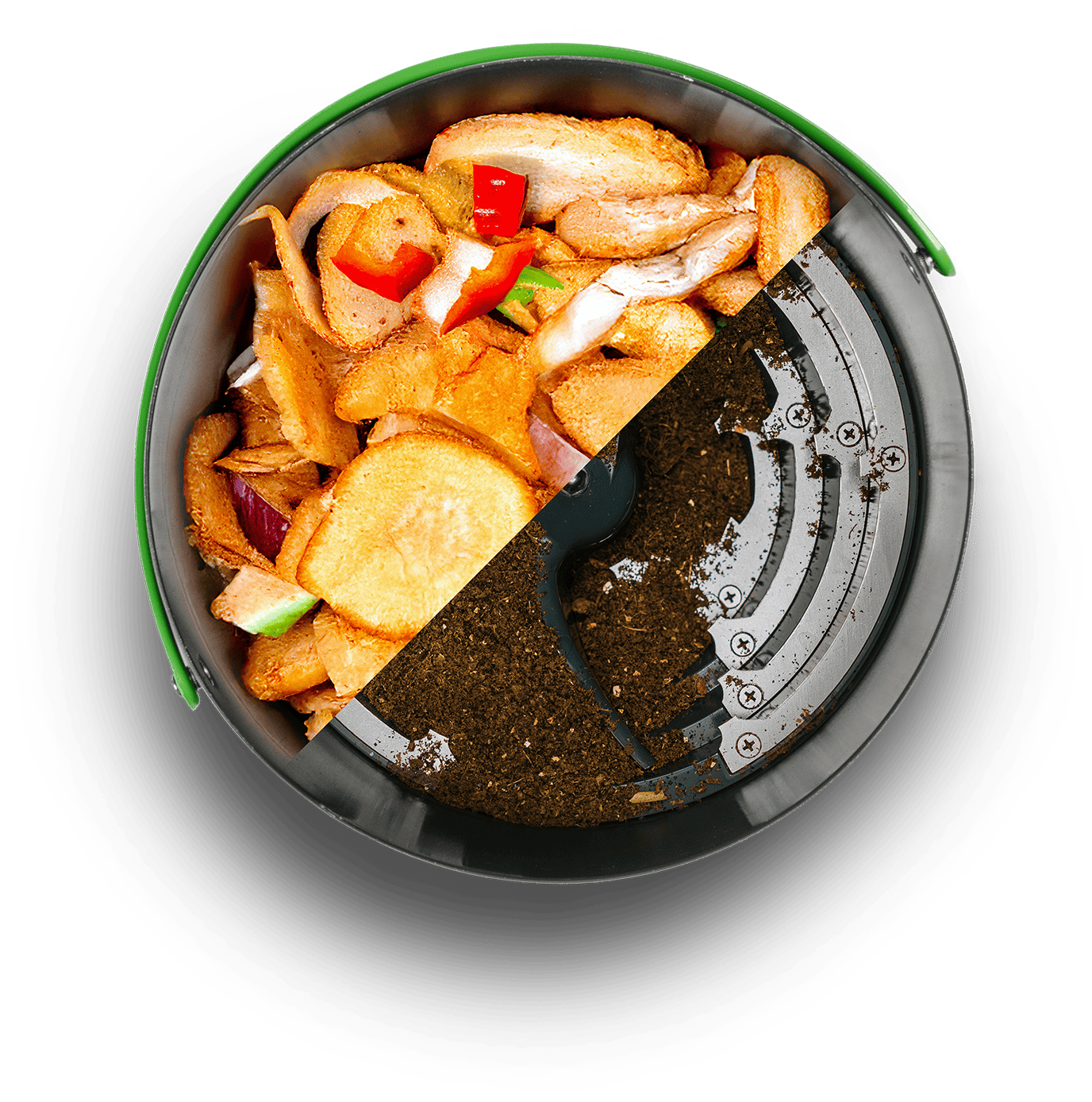 FoodCycler FC-75 Bucket with a split view: half of it is full of food waste and the other half shows a small amount of by-product.