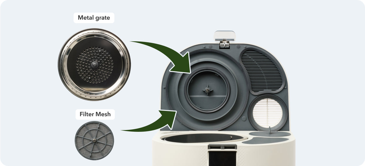 Exploded view of the Eco 5 metal grate and filter mesh lifted out of the top of the unit