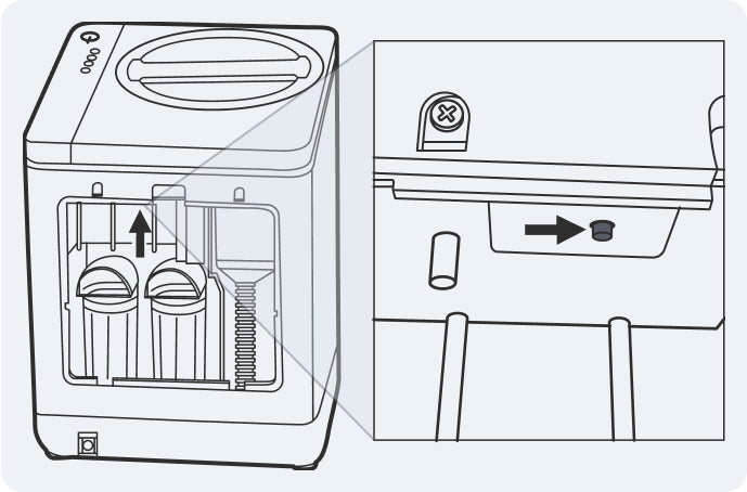 Line drawing of the FC-30 back panel with an arrow pointing to the recessed Reset Filter Light button on the inner ledge