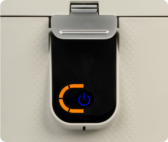 Eco 5 control panel showing the motor overload indicator — blue power icon with an orange half-arc on the left