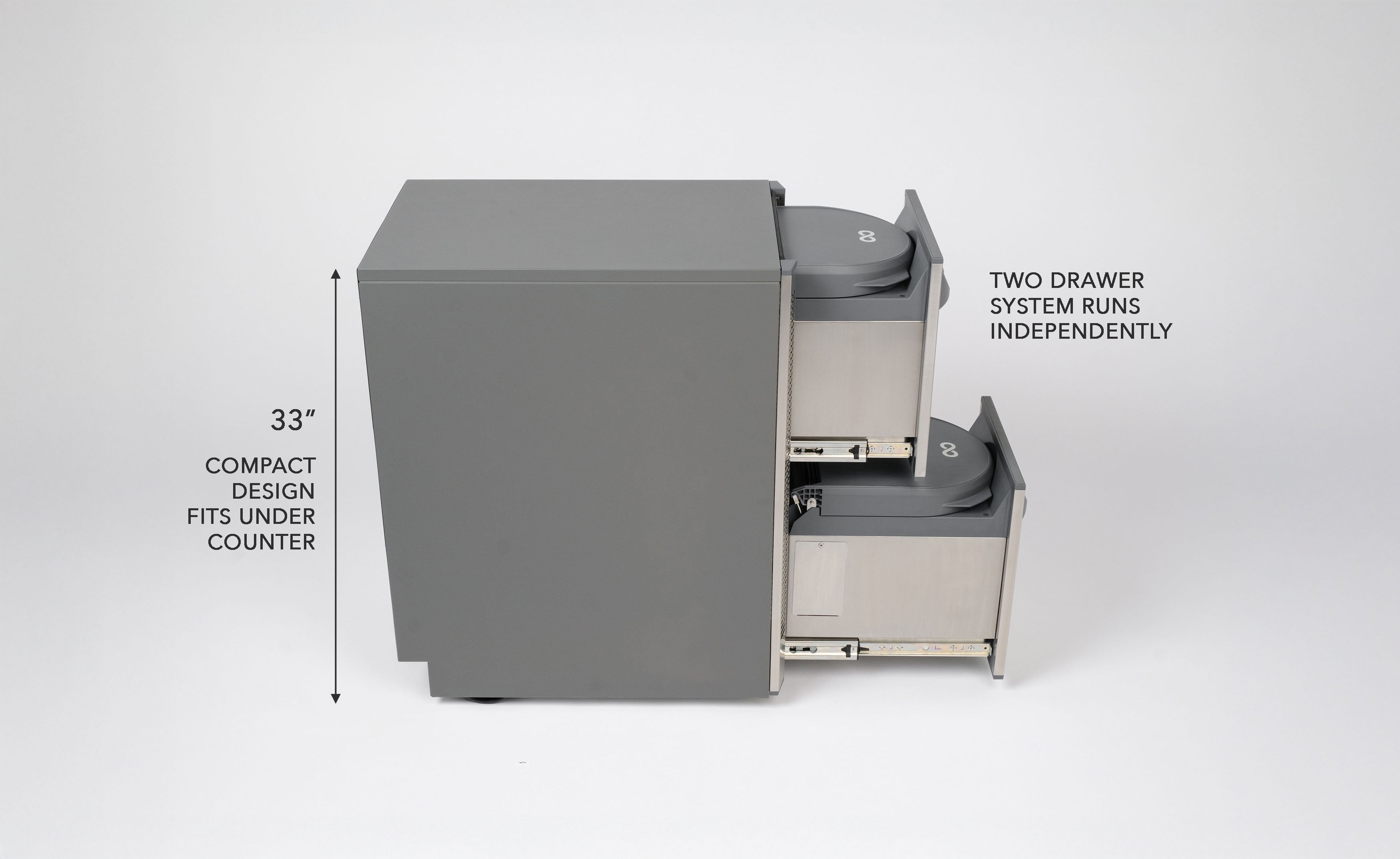 Side view of FoodCycler FC-75 with both drawers opened. It measures at 33