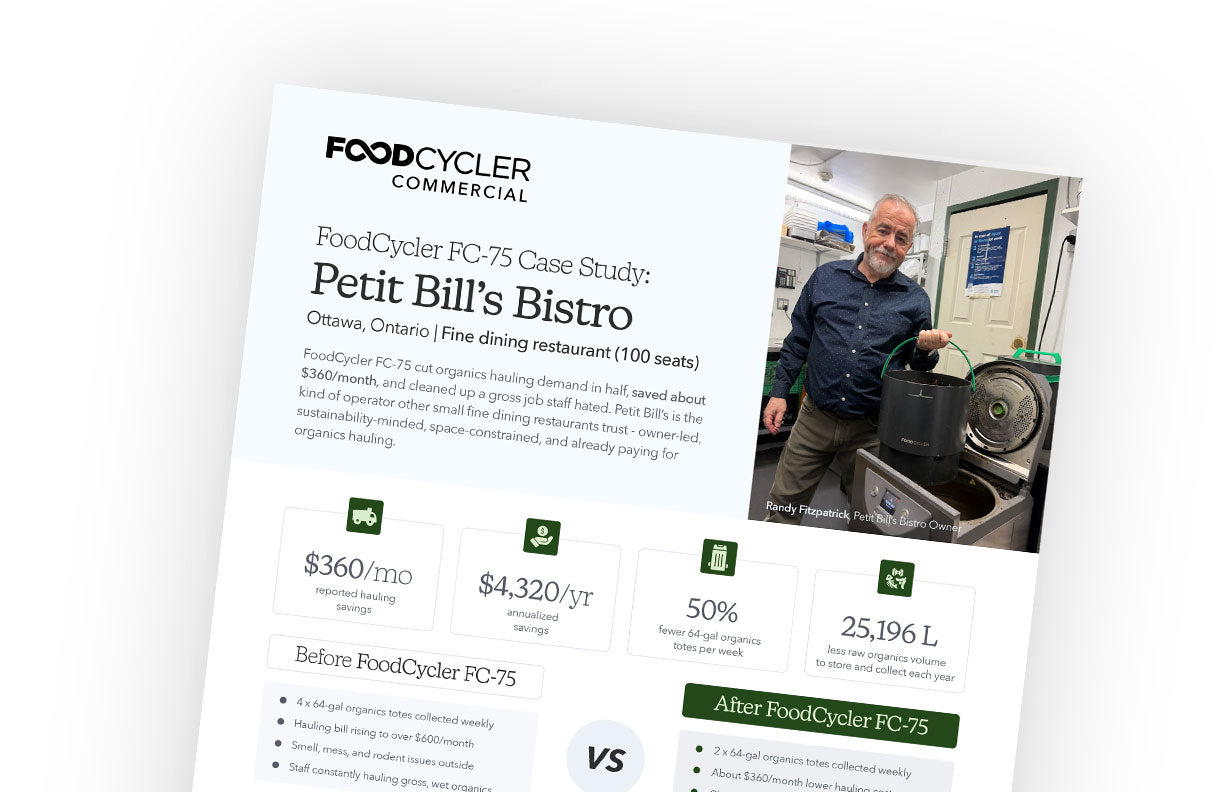 Brochure for FoodCycler Commercial featuring a case study of Petit Bill's Bistro.